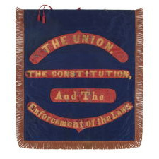 HAND-PAINTED SILK BANNER, MADE FOR THE PHILADELPHIA CHAPTER OF A TEMPERANCE ORGANIZATION IN 1851, REPAINTED FOR THE 1860 PRESIDENTIAL CAMPAIGN OF JOHN BELL OF TENNESSEE AND EDWARD EVERETTE OF MASSACHUSETTS, WHO RAN AGAINST ABRAHAM LINCOLN ON THE INDEPENDENT CONSTITUTIONAL UNION TICKET