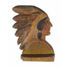 PAINT-DECORATED SHELF, CARVED IN THE FORM OF A NATIVE AMERICAN CHIEF WITH GREAT COLORS AND EXCEPTIONAL, ORIGINAL SURFACE, CA 1890