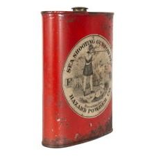 "SEA SHOOTING GUNPOWDER" TIN WITH BITTERSWEET RED-ORANGE COLOR AND AN IMAGE OF A HUNTER WITH A DOG, HORSE, AND DEER, HAZARD POWDER COMPANY, HAZARDVILLE, CT, 1850-1876