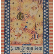 PATRIOTIC, 4TH OF JULY THEMED BREAD WRAPPER WITH BALLOONS & FIREWORKS, STURM'S SPLENDID BREAD, NEW YORK CITY, 1915