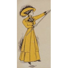 POSTCARD WITH A SUFFRAGETTE DRESSED IN YELLOW AND DISPLAYING A YELLOW "VOTES FOR WOMEN" PENNANT, WITH A MESSAGE THAT CALLS FOR CALIFORNIA TO BECOME THE 6TH STATE TO ADOPT WOMEN'S SUFFRAGE