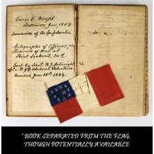 CONFEDERATE BIBLE FLAG IN AN INTERESTING VARIANT OF THE 1ST NATIONAL DESIGN THAT CURIOSLY RESEMBLES THE 3RD NATIONAL PATTERN; Ca MAY AND JULY OF 1861, 10 WHIMSICALLY EMBROIDERED STARS, FOUND w/ A BOOK OF SIGNATURES PRESENTED TO A BALTIMORE WOMAN WHO TENDED TO CONFEDERATE OFFICERS IN THE UNION PRISON