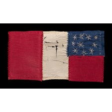 CONFEDERATE BIBLE FLAG IN AN INTERESTING VARIANT OF THE 1ST NATIONAL DESIGN THAT CURIOSLY RESEMBLES THE 3RD NATIONAL PATTERN; Ca MAY AND JULY OF 1861, 10 WHIMSICALLY EMBROIDERED STARS, FOUND w/ A BOOK OF SIGNATURES PRESENTED TO A BALTIMORE WOMAN WHO TENDED TO CONFEDERATE OFFICERS IN THE UNION PRISON