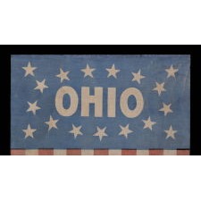 RARE AND UNUSUAL PARADE FLAG BANNER WITH 17 STARS ON A BLUE GROUND AND THE 1866 VERSION OF THE OHIO STATE SEAL ON A GROUND OF 13 RED AND WHITE STRIPES, MADE CA 1890 -1905