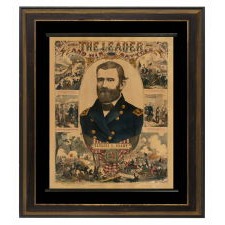 "THE LEADER AND HIS BATTLES": A PATRIOTIC PRINT ON STICKS, GLORIFYING THE ACCOMPLISHMENTS OF LT.-GENERAL ULYSSES S. GRANT DURING THE CIVIL WAR, PUBLISHED BY HAASIS & LUBRECHT, LIBERTY ST., NEW YORK CITY, WHO COPYRIGHTED THE DESIGN IN 1866