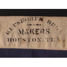 19TH CENTURY EXAMPLE OF THE FLAG OF THE REPUBLIC OF TEXAS, MADE ca 1878-1895, ONE OF THE EARLIEST EXAMPLES KNOWN TO SURVIVE, MADE IN HOUSTON BY REPSDORPH BROTHERS, WITH A STENCILED MAKER'S MARK, HANDED DOWN THROUGH THE FAMILY OF MARY JANE HARRIS BRISCOE (1819-1903), FOUNDER OF THE DAUGHTERS OF THE REPUBLIC OF TEXAS, THE WIFE OF ANDREW BRISCOE (1810-1849), WHO ORGANIZED THE TEXAS REVOLUTION AND SIGNED ITS DECLARATION OF INDEPENDENCE