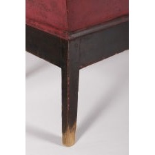 SPLAY-LEG, COUNTRY HEPPLEWHITE DOUGH TABLE, IN SALMON RED AND BLACK PAINT, WITH A DOVETAILED CASE AND GENEROUS PROPORTIONS, CA 1830-1850
