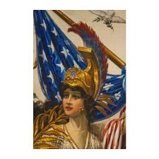 “COLUMBIA VICTORIOUS” BANNER FEATURING LADY LIBERTY, HAND-PAINTED ON SATIN IN THE MANNER OF THE EARLY 20TH CENTURY ILLUSTRATORS, DATED 1917 (WWI), PROBABLY ANDREA BUCCINI, NEW YORK