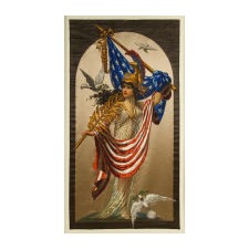 “COLUMBIA VICTORIOUS” BANNER FEATURING LADY LIBERTY, HAND-PAINTED ON SATIN IN THE MANNER OF THE EARLY 20TH CENTURY ILLUSTRATORS, DATED 1917 (WWI), PROBABLY ANDREA BUCCINI, NEW YORK