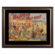 COLORFUL, LITHOGRAPHED POSTER FROM COL. TIM McCOY’S “WILD WEST SHOW & ROUGH RIDERS OF THE WORLD” EXTRAVAGANZA, DEPICTING “THE INDIAN VILLAGE,” 1936-1938