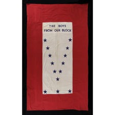 PERHAPS THE BEST WWII SON-IN-SERVICE BANNER I HAVE EVER ENCOUNTERED, WITH AN ALL-AMERICAN SLOGAN THAT PERSONALIZES THE WAR AND 11 OF ITS 14 STARS ARRANGED IN A "V" FOR VICTORY