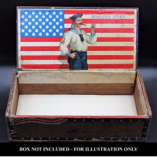 CIGAR BOX LABEL WITH IMAGE OF A 42-STAR AMERICAN FLAG WITH SIX-POINTED STARS AND IT'S BLUE CANTON RESTING ON THE WAR STRIPE, AND AN IMAGE OF A SAILOR LIGHTING A CIGAR, 1889-1920