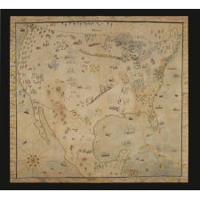 NAÏVE MAP OF AMERICA, CRAYON OR PASTEL ON MUSLIN, CA 1920-30, WITH A MYRIAD OF INTERESTING GEOGRAPHIC AND ECONOMIC IMAGERY