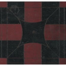 AMERICAN PARCHEESI BOARD WITH GREAT POLYCHROME PAINTED SURFACE IN CRIMSON RED AND BLACK, CA 1870