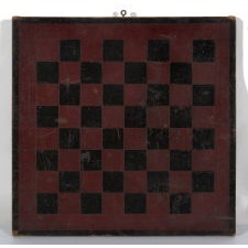AMERICAN PARCHEESI BOARD WITH GREAT POLYCHROME PAINTED SURFACE IN CRIMSON RED AND BLACK, CA 1870