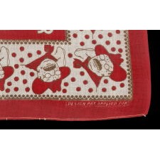 TURKEY RED KERCHIEF, MADE FOR THE 1912 CAMPAIGN OF TEDDY ROOSEVELT, WITH HIS ROUGH RIDERS SLOUCH HAT AS A CENTER MEDALLION AND WHIMSICAL PORTRAITS OF THE EX-ROUGH RIDER WITH HIS ICONIC, TOOTHY GRIN