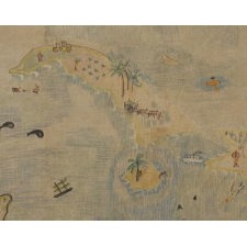 NAÏVE MAP OF AMERICA, CRAYON OR PASTEL ON MUSLIN, CA 1920-30, WITH A MYRIAD OF INTERESTING GEOGRAPHIC AND ECONOMIC IMAGERY