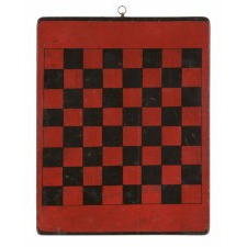 AMERICAN CHECKER BOARD WITH GREAT POLYCHROME PAINTED SURFACE IN BRILLIANT LIPSTICK RED AND BLACK, CA 1870-1880