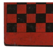 AMERICAN CHECKER BOARD WITH GREAT POLYCHROME PAINTED SURFACE IN BRILLIANT LIPSTICK RED AND BLACK, CA 1870-1880