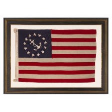 ANTIQUE AMERICAN PRIVATE YACHT FLAG (ENSIGN) WITH 13 STARS SURROUNDING A CANTED ANCHOR, CIRCA 1910 – 1920’s