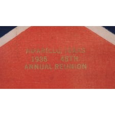 CONFEDERATE, SOUTHERN CROSS, BATTLE-STYLE PARADE FLAG WITH A RARE 1935 OVERPRINT IN GOLD LEAF FOR A 1935 REUNION OF THE UNITED CONFEDERATE VETERANS (UCV) IN AMARILLO, TEXAS