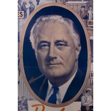 1940 PRESIDENTIAL CAMPAIGN POSTER FOR FDR, ONE OF THE MOST EXCEPTIONAL ACROSS ALL FOUR OF HIS RUNS FOR THE WHITE HOUSE, WITH A RICH, COLORFUL PORTRAIT AND TOPICS INDICATIVE OF HIS “NEW DEAL” PLATFORM, COMMISSIONED BY THE AMERICAN LABOR PARTY IN NEW YORK