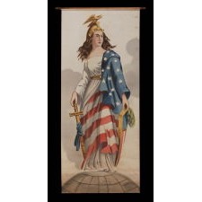 LADY COLUMBIA SURMOUNTING THE GLOBE WITH SHEATHED SWORD AND FEDERAL SHIELD, DRAPED IN THE AMERICAN FLAG AND CROWNED WITH A FIGHTING EAGLE AND STARS; A HAND-PAINTED BANNER OF MONUMENTAL SCALE, LAST QUARTER 19TH CENTURY