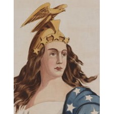 LADY COLUMBIA SURMOUNTING THE GLOBE WITH SHEATHED SWORD AND FEDERAL SHIELD, DRAPED IN THE AMERICAN FLAG AND CROWNED WITH A FIGHTING EAGLE AND STARS; A HAND-PAINTED BANNER OF MONUMENTAL SCALE, LAST QUARTER 19TH CENTURY