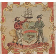 HAND-PAINTED PATRIOTIC BANNER WITH THE SEAL OF THE STATE OF DELAWARE AND GREAT FOLK QUALITIES, PROBABLY MADE FOR THE 1868 DEMOCRAT NATIONAL CONVENTION IN NEW YORK CITY
