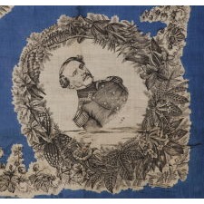 LARGE SCALE, PRINTED SILK KERCHIEF FEATURING CONFEDERATE PRESIDENT JEFFERSON DAVIS AND EIGHT OF HIS STAFF, AN EXTREMELY RARE EXAMPLE IN THE ONLY KNOWN STYLE PRODUCED FOR THE CONFEDERACY DURING THE CIVIL WAR PERIOD, AND THE BEST OF THOSE KNOWN TO HAVE SURVIVED