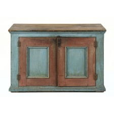 ANTIQUE TWO-DOOR PAINTED QUEBEC CUPBOARD / SERVER IN ROBIN’S EGG BLUE WITH RED TRIM, 1810-30