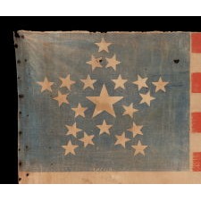 21 STARS IN A “GREAT STAR” OR “GREAT LUMINARY” PATTERN, A SOUTHERN-EXCLUSIONARY STAR COUNT ON AN ANTIQUE AMERICAN PARADE FLAG OF THE CIVIL WAR PERIOD, SIGNED BY THE MAKER, ONE-OF-A-KIND AMONG KNOWN EXAMPLES