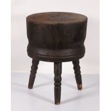 EXCEPTIONAL BUTCHER BLOCK IN BLACK PAINT, WITH GREAT, ROUND, BARRELL-SHAPED FORM, MISSOURI ORIGIN, 1850-1890