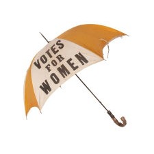 EXTRAORDINARILY RARE, YELLOW & WHITE, SUFFRAGE PARASOL / UMBRELLA, WITH “VOTES FOR WOMEN” TEXT, DISTRIBUTED BY THE NATIONAL AMERICAN WOMEN’S SUFFRAGE ASSOCIATION UNDER ANNA HOWARD SHAW’S LEADERSHIP [HEADQUARTERED IN NEW YORK], CIRCA 1913-1915