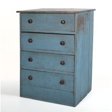 CHEST OF FOUR DRAWERS WITH ROBIN’S EGG BLUE PAINTED SURFACE AND SHAKER-LIKE SIMPLICITY, CA 1830-1860, FOUND IN INDIANA