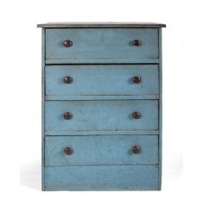 CHEST OF FOUR DRAWERS WITH ROBIN’S EGG BLUE PAINTED SURFACE AND SHAKER-LIKE SIMPLICITY, CA 1830-1860, FOUND IN INDIANA