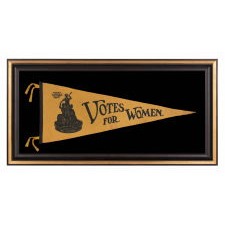 "VOTES FOR WOMEN" PENNANT WITH AN IMAGE OF A 1911 STATUETTE CALLED "SUFFRAGIST" BY ELLA BUCHANAN, MADE FOR CARRIE CHAPMAN CATT'S "WOMAN SUFFRAGE PARTY" OF NEW YORK CITY, CA 1912-20