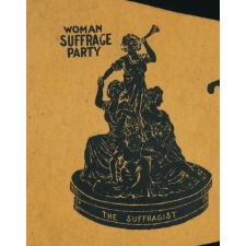 "VOTES FOR WOMEN" PENNANT WITH AN IMAGE OF A 1911 STATUETTE CALLED "SUFFRAGIST" BY ELLA BUCHANAN, MADE FOR CARRIE CHAPMAN CATT'S "WOMAN SUFFRAGE PARTY" OF NEW YORK CITY, CA 1912-20