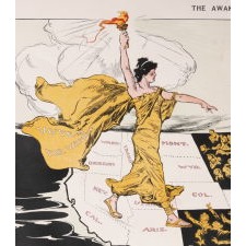 THE AWAKENING: AN EXTREMELY RARE & GRAPHIC WOMEN’S SUFFRAGE MAP, WITH A TORCH-BEARING SUFFRAGETTE STRIDING ACROSS AMERICA; A CENTERFOLD PICTORIAL INSERT FROM THE FEBRUARY 1915 ISSUE OF PUCK MAGAZINE, NEW YORK