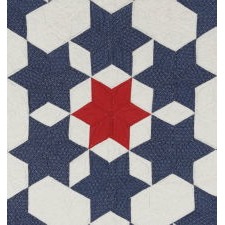 RED, WHITE, AND BLUE CALICO "SEVEN SISTERS" QUILT, A PATRIOTIC VARIANT WITH 6-POINTED STARS AND RIVETING VISUAL GRAPHICS, CIRCA 1890-1910