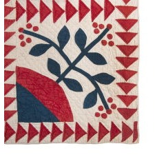 WINTERBERRY PATTERN QUILT WITH FLYING GEESE, IN PATRIOTIC COLORS AND WITH EXCEPTIONAL GRAPHIC IMPACT, ENTIRELY HAND-PIECED AND HAND-QUILTED, CIRCA 1860-1870’s