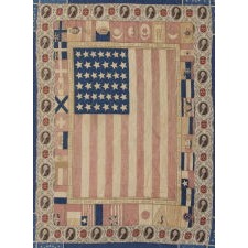 EXCEPTIONAL 1876 CENTENNIAL QUILT MADE FROM VARIOUS FLAGS, KERCHIEFS, AND PATRIOTIC FABRICS, THE MOST ELABORATE AND RARE OF ITS KIND THAT I HAVE EVER ENCOUNTERED, PICTURED IN TWO OF BOB BISHOP'S BOOKS ON AMERICAN FOLK ART; SOME OF THE TEXTILES UNKNOWN IN OTHER PATRIOTIC QUILTS