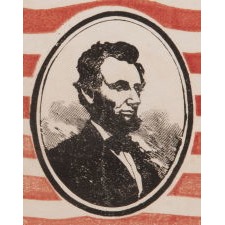 EXTREMELY RARE ABRAHAM LINCOLN MOURNING FLAG, WITH HIS PORTRAIT IN THE STRIPED FIELD; PRINTED ON PAPER, SIGNED “LYBRAND,” 1865