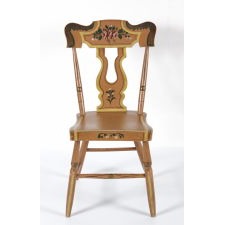 SET OF 6 SALMON PAINTED, PLANK-SEAT, LYRE BACK, PENNSYLVANIA CHAIRS WITH YELLOW STRIPING AND ROSE DECORATION, CA 1845-1865