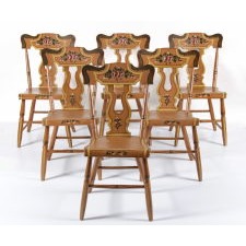 SET OF 6 SALMON PAINTED, PLANK-SEAT, LYRE BACK, PENNSYLVANIA CHAIRS WITH YELLOW STRIPING AND ROSE DECORATION, CA 1845-1865