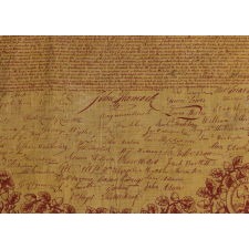 EXCEPTIONAL 1821 PRINTING OF THE DECLARATION OF INDEPENDENCE ON CLOTH, IN MULBERRY RED ON A SULFUR YELLOW GROUND, PRODUCED AND DISTRIBUTED BY ROBERT & COLLIN GILLESPIE FOR THE AMERICAN MARKET, AN UNUSUALLY LARGE EXAMPLE AMONG KNOWN VERSIONS OF THIS TEXTILE, IN EXTRAORDINARY CONDITION