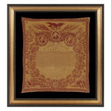 EXCEPTIONAL 1821 PRINTING OF THE DECLARATION OF INDEPENDENCE ON CLOTH, IN MULBERRY RED ON A SULFUR YELLOW GROUND, PRODUCED AND DISTRIBUTED BY ROBERT & COLLIN GILLESPIE FOR THE AMERICAN MARKET, AN UNUSUALLY LARGE EXAMPLE AMONG KNOWN VERSIONS OF THIS TEXTILE, IN EXTRAORDINARY CONDITION