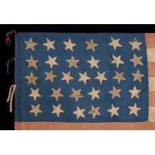 31 STARS IN A 6-6-7-6-6 LINEAL PATTERN, WITH SCATTERED ORIENTATION, ON AN ANTIQUE AMERICAN FLAG MADE OF SILK AND WITH THE BLUE CANTON RESTING ON THE WAR STRIPE, CALIFORNIA STATEHOOD, 1850-1858, LIKELY HAND-CARRIED INTO THE CIVIL WAR BY A MILITIA UNIT