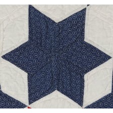 RED, WHITE, AND BLUE CALICO "SEVEN SISTERS" QUILT, A PATRIOTIC VARIANT WITH 6-POINTED STARS AND RIVETING VISUAL GRAPHICS, CIRCA 1890-1910
