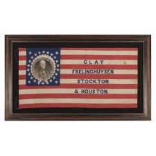 26 STAR AMERICAN PARADE FLAG, MADE FOR THE 1844 PRESIDENTIAL CAMPAIGN OF HENRY CLAY AND THEODORE FREYLINGHUYSEN, WITH CLAY’S PORTRAIT SET WITHIN AN OAK LEAF & GEAR COG MEDALLION AND THE RARE PRESENCE OF COATTAIL CANDIDATES STOCKTON & HOUSTON